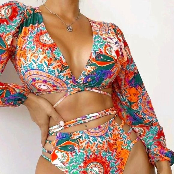Callie Lives Other - Callie Gypsy Sleeve: Multicolor Paisley Padded Plunge V-Neck Wrap Around Bikini